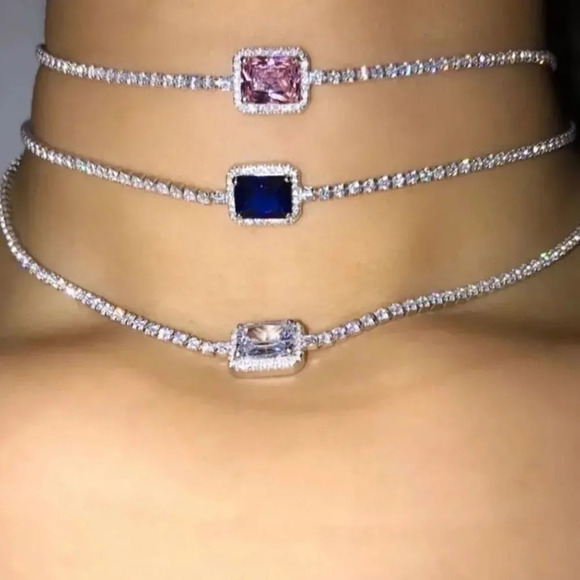 NEW! Dainty 18K White Gold Pink Sapphire Tennis Chain Choker - Picture 1 of 12